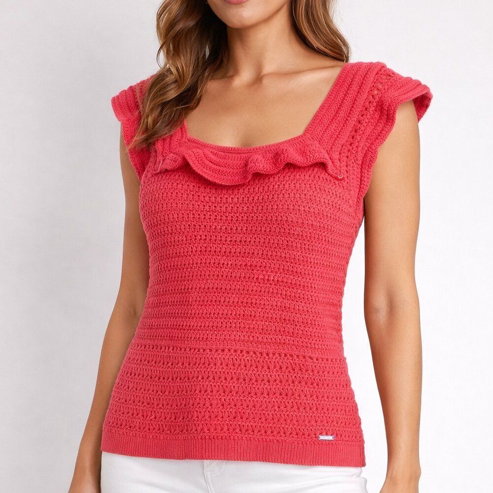 Nautica Rouge Pink Crochet Ruffle Sleeveless Square Neck Top Size L